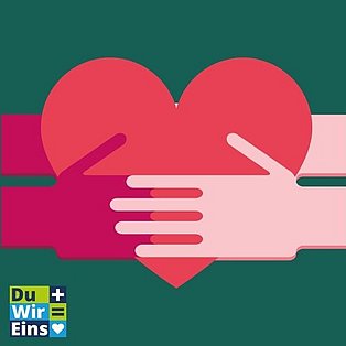 Grafik, auf der zwei Hände ein rotes Herz umfassen