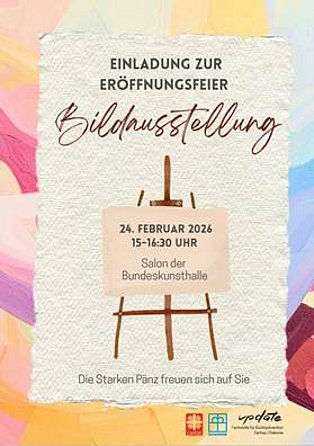 Grafik mit einer Staffelei und der Aufschrift “Einladung zur Eröffnungsfeier Bildausstellung”