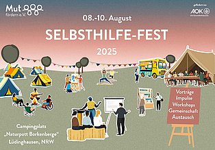 Plakat zum Selbsthilfe-Fest mit Motiven, die eine Party darstellen