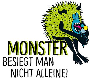 Logo mit der Aufschrift "Monster besiegt man nicht alleine!" und einem grünen Monster, das ein Einhöörnchen leckt